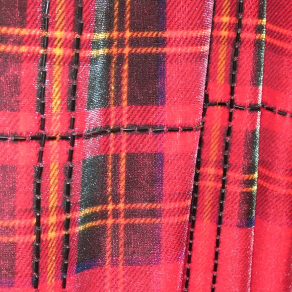 Ronnie Nicole Red & Black Plaid Skirt Midi Velvet Beading Fringe Size Medium - Picture 3 of 9